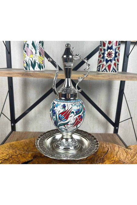 Cini Evi Tulip Patterned Silver-Plated Iznik Tile Ewer Set - MALLTURK
