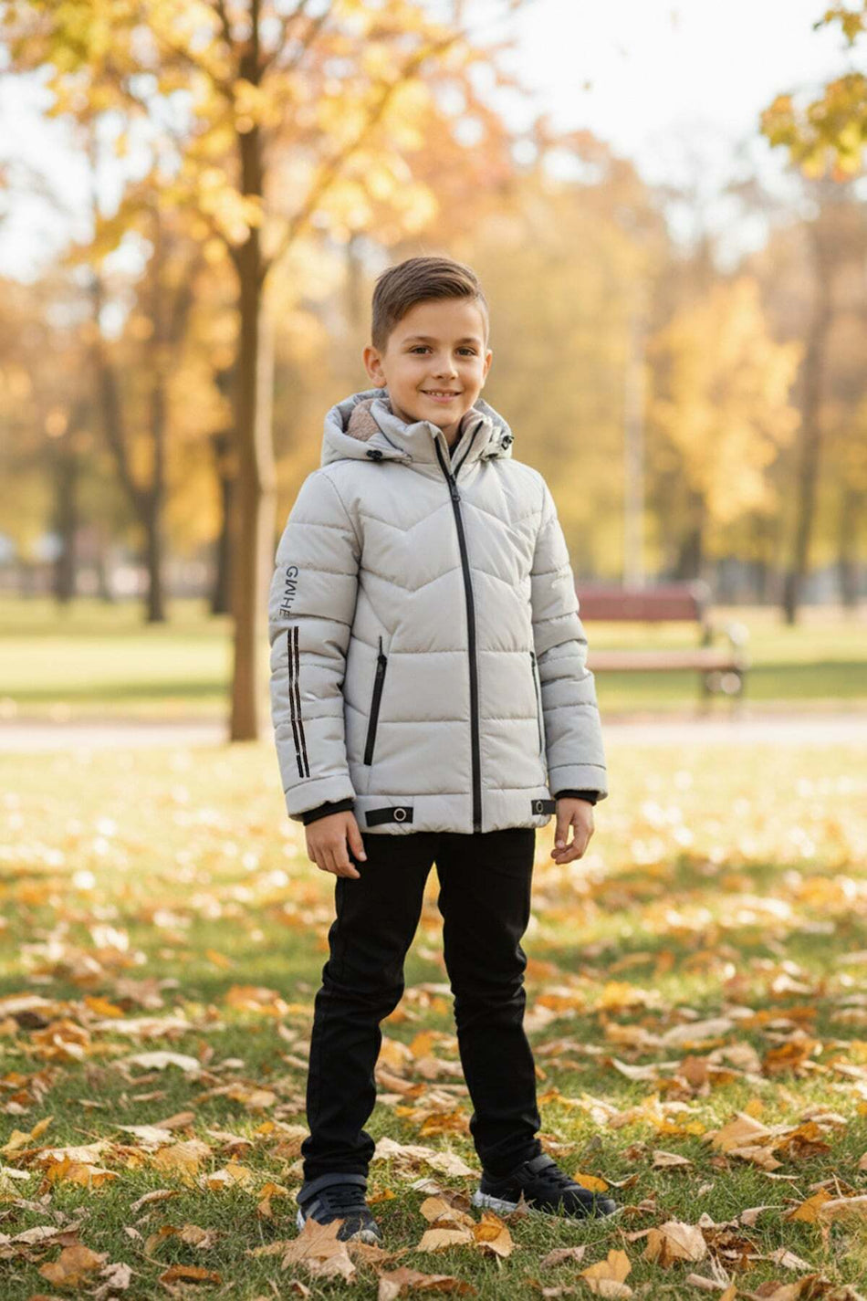 Hooded Inflatable Boy's Coat with Fur Inside