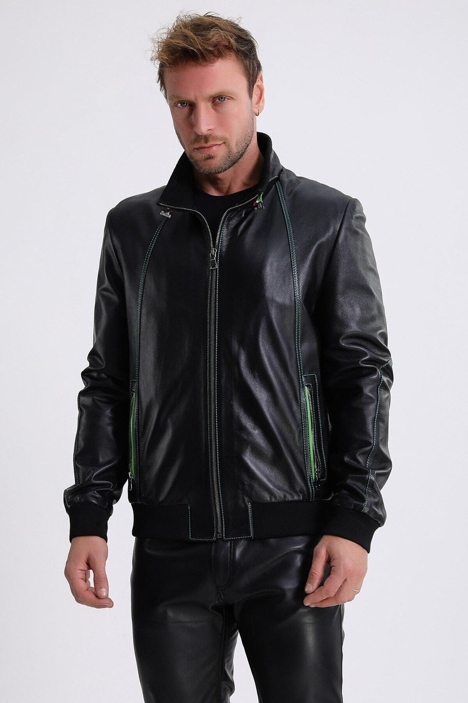 Chaqueta de cuero negra con ribete verde Leather Club
