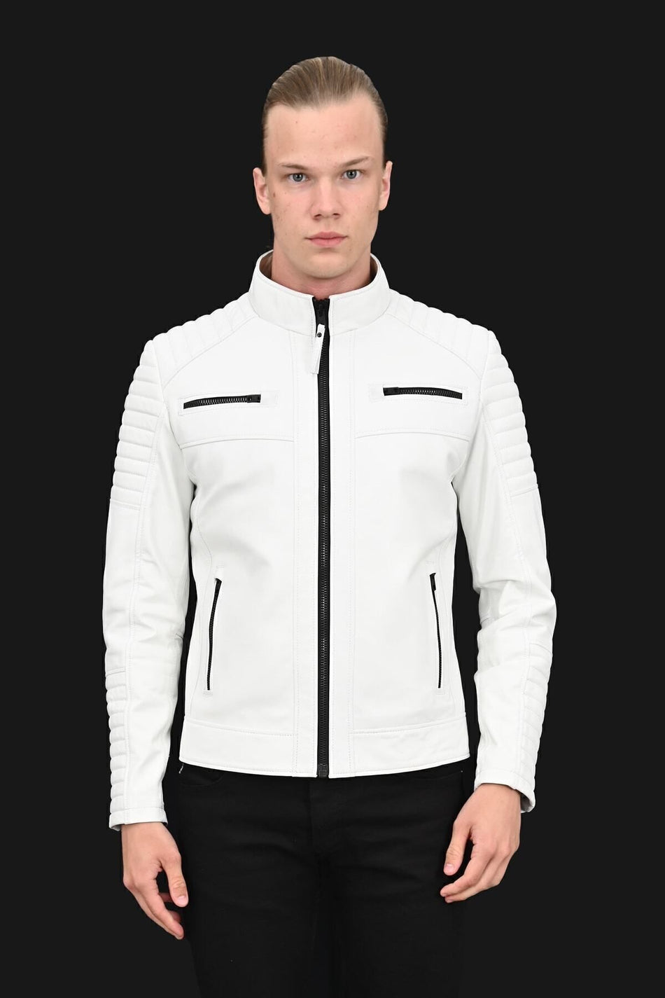 ALIN Sandor Men's Genuine Leather Embossed Stitch Leather Jacket White