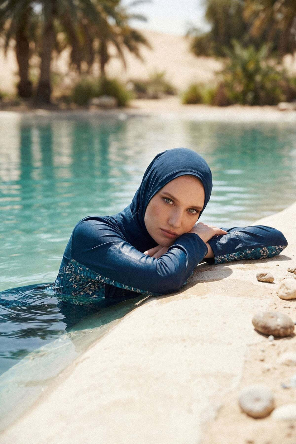 Hasema Vaha Collection Underarm Patterned Navy Blue 5-Piece Full Coverage Swimsuit Set 5089