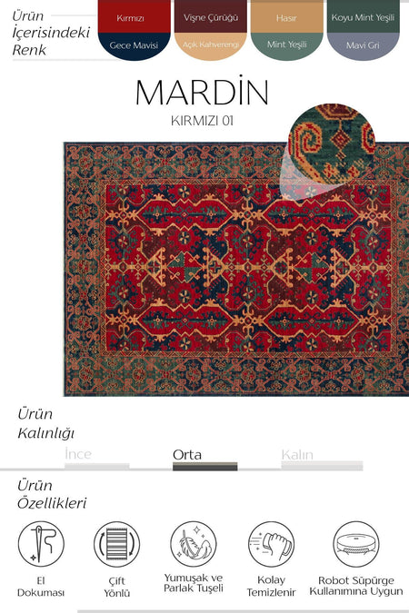 Cool Rug Mardin Red Anatolian Pattern Soft Glossy % 100 Natural Yarn Wool Hand-Woven Living Room Rug - MALLTURK