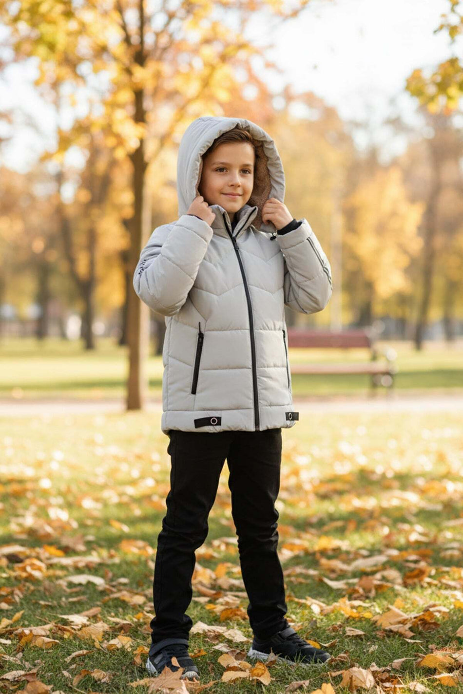 Hooded Inflatable Boy's Coat with Fur Inside