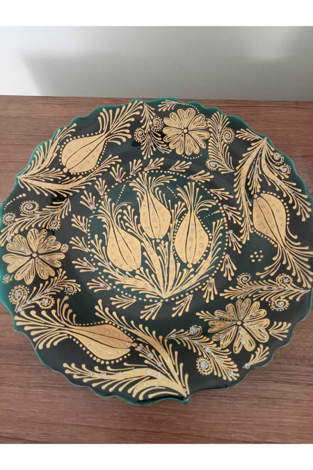 Sema Cini handmade ceramic plate with gold and silver gilded delicate vase with crested design. - MALLTURK
