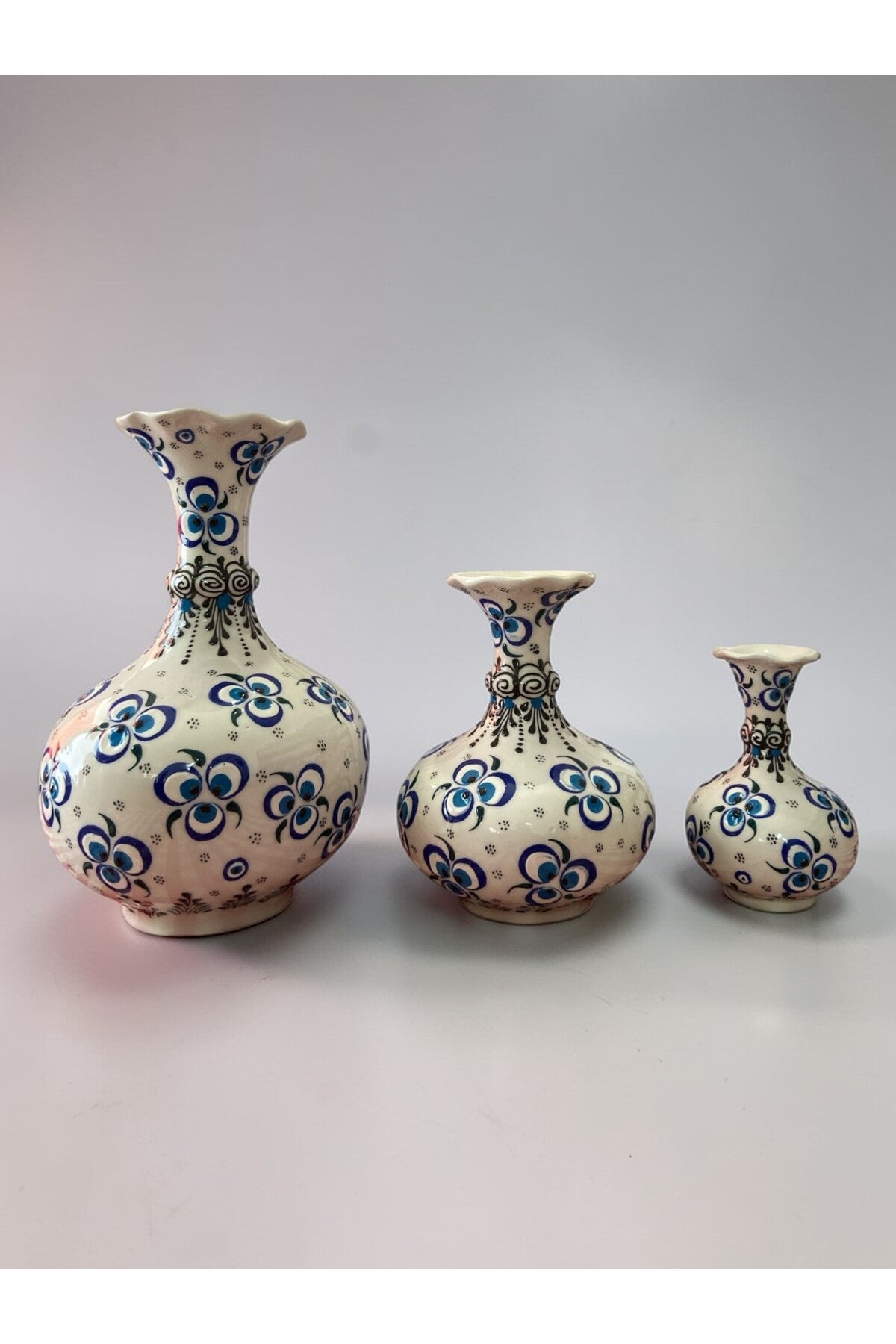 YOOS Handmade Evil Eye Embroidered Triple Lettuce White Ceramic Vase Set (30cm-20cm-15cm) - MALLTURK