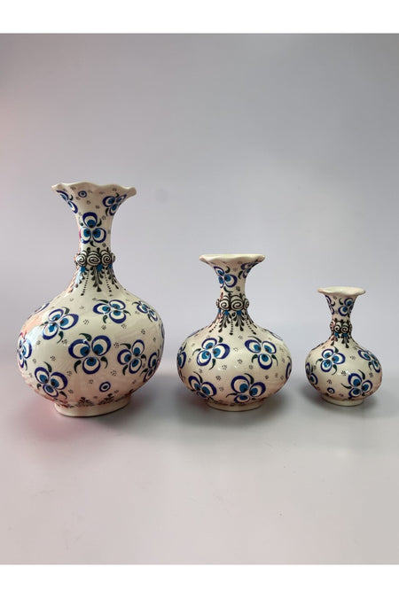 YOOS Handmade Evil Eye Embroidered Triple Lettuce White Ceramic Vase Set (30cm-20cm-15cm) - MALLTURK