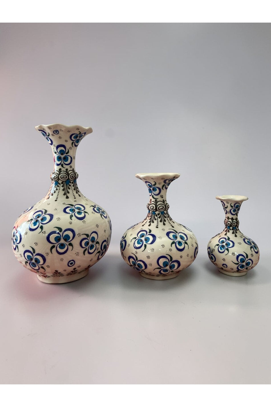 YOOS Handmade Evil Eye Embroidered Triple Lettuce White Ceramic Vase Set (30cm-20cm-15cm) - MALLTURK