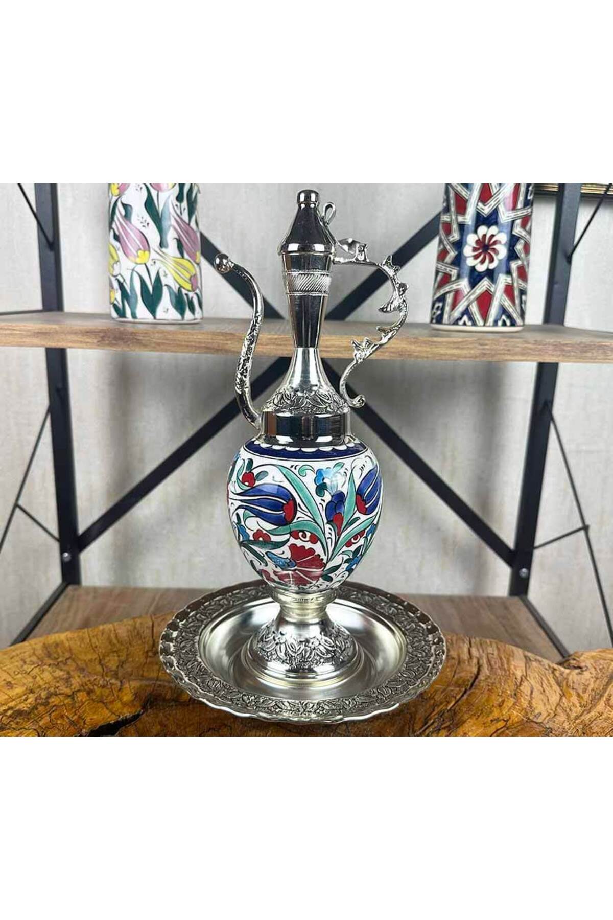 Cini Evi Navy Tulip and Red Carnation Patterned Silver-Plated Iznik Tile Ewer Set - MALLTURK