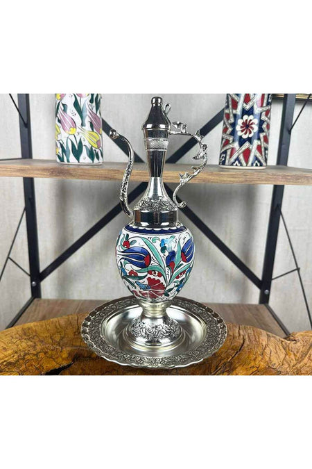 Cini Evi Navy Tulip and Red Carnation Patterned Silver-Plated Iznik Tile Ewer Set - MALLTURK