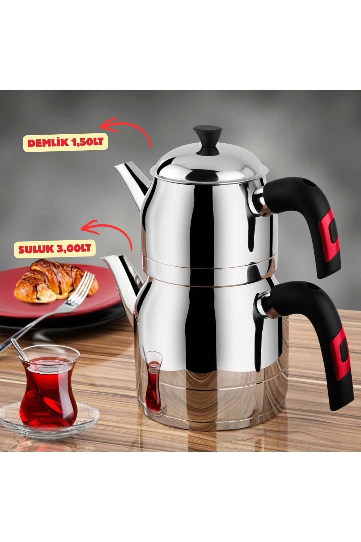 Lines Ayperi Family Size Stainless Steel Teapot with Crystal Handle – Large Capacity, Stylish Design, Teapot 1.50lt, Water Jug 3.00lt - MALLTURK