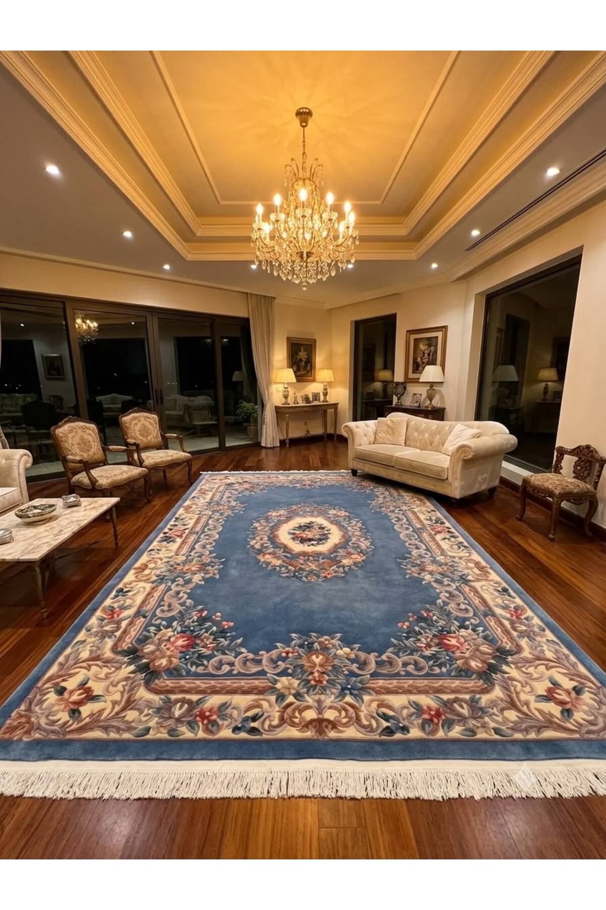 RD RAMAZAN DAG Hand Rug Art Hand-Woven Embossed Chinese Rug Premium Quality Cotton Fringe with Wool Weave Blue Color Size 300x200 - MALLTURK