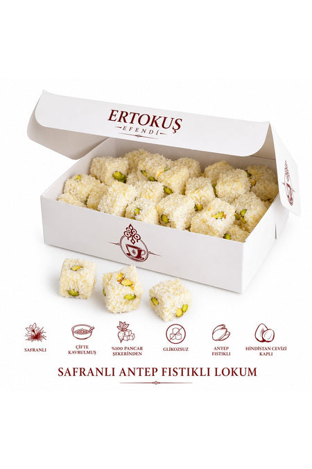 Ertokus Efendi safranli Extra Pistachio Turkish Delight Double Roasted 100 Beet Sugar 250 g - MALLTURK