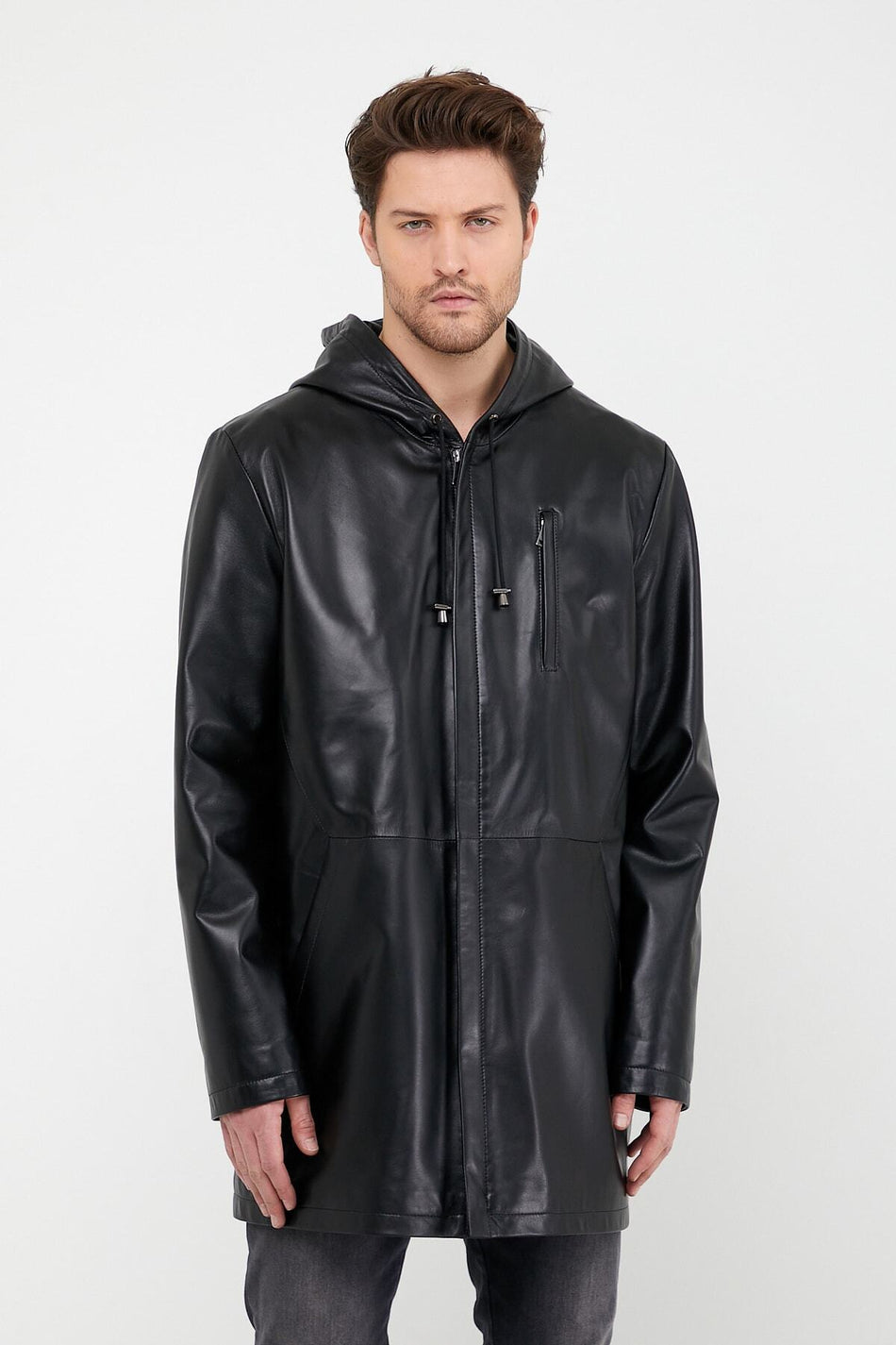 Giacca in pelle nera con cappuccio Leather Club
