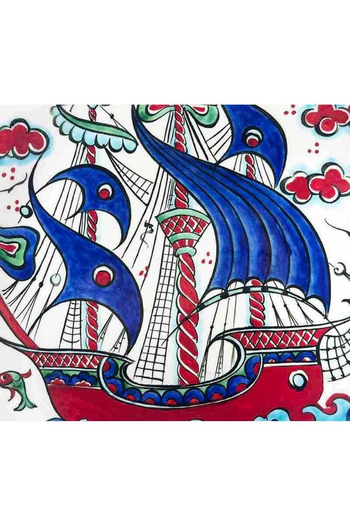 Cini Evi Marina Gift Galleon Patterned Iznik Tile Plate - MALLTURK