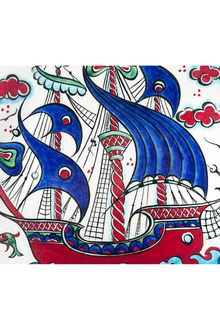 Cini Evi Marina Gift Galleon Patterned Iznik Tile Plate - MALLTURK