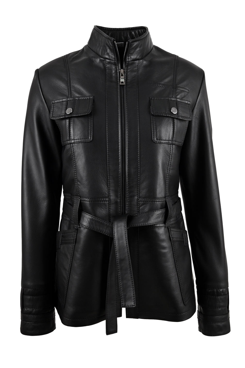 ALIN Yara Women's Genuine Leather Belted Leather Jacket Black