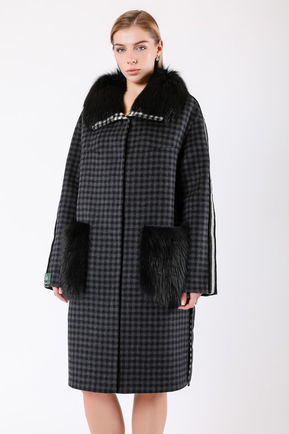Leather Club Black Plaid Wool Coat