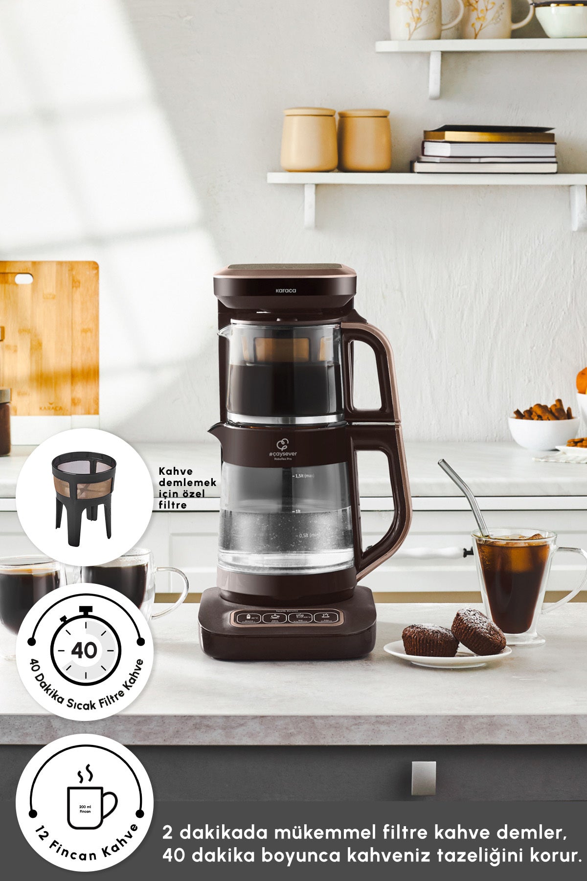 Karaca Tea Lover Robotea Pro Connect 4 in 1 Talking Glass Tea Maker Walnut Brown - MALLTURK