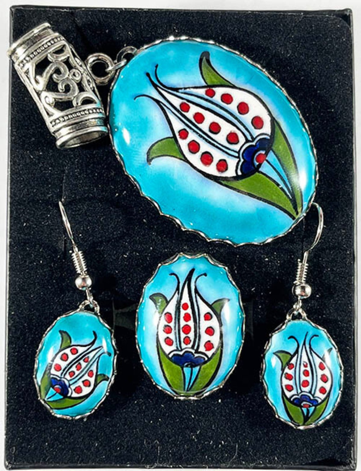 Cini Evi Turquoise Background Tulip Embroidered Jewelry Set - MALLTURK