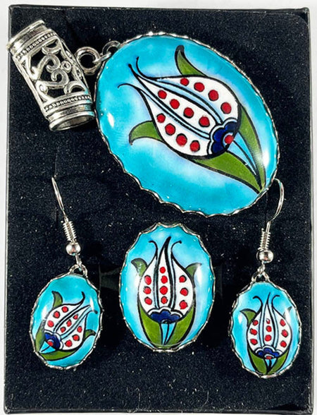Cini Evi Turquoise Background Tulip Embroidered Jewelry Set - MALLTURK