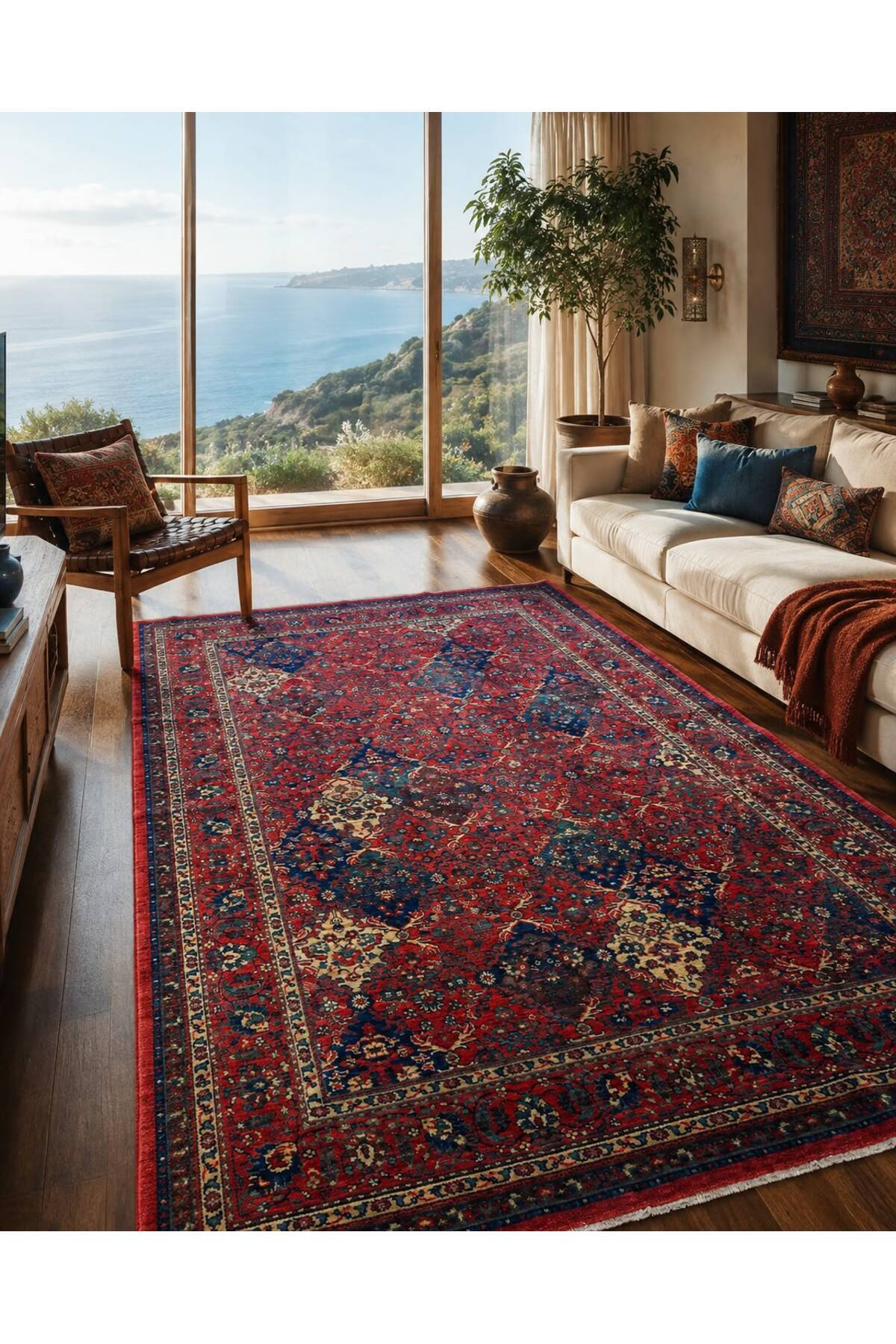 Vog Rug Traditional Pattern Hand-Woven Rug Red Burgundy Navy Medallion Design Vintage Living Room Rug