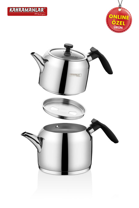 Kahramanlar Deluxe Medium Size Black 4-Piece Stainless Steel Teapot Set - MALLTURK