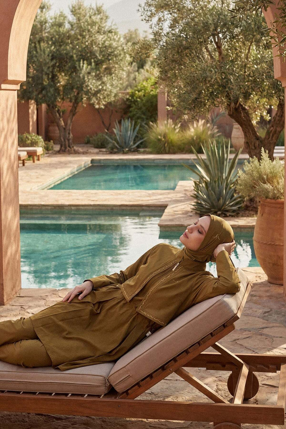 Hasema Vaha Collection Embroidered Olive Green 5-Piece Full Coverage Swimsuit Set 6023 - MALLTURK
