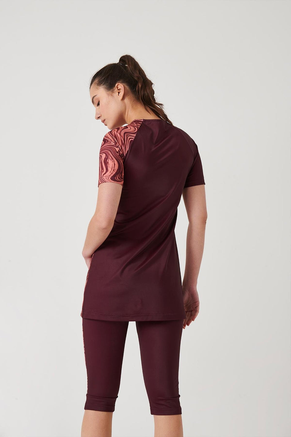 Hasema Sleeve Patterned Plum Semi-Closed Pool Swimsuit - MALLTURK