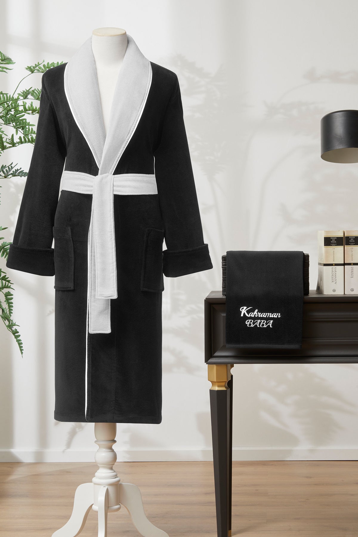 Ozdilek Hero Dad Embroidered Velvet Men Bathrobe Set - MALLTURK