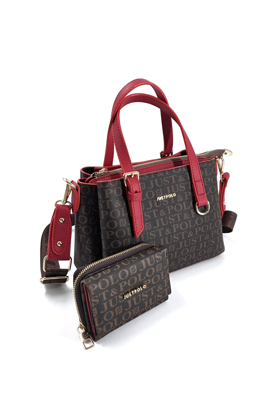 Just Polo Original Women's 3-Compartment Handbag and Shoulder Bag and Wallet Set Coffe Red