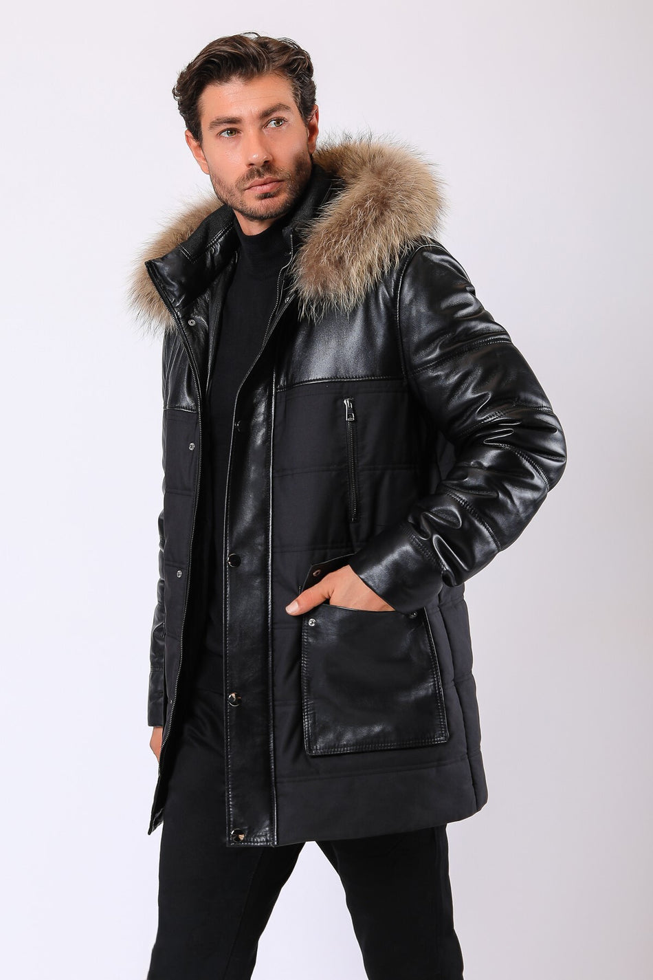 Leather Club jas van echt leer met zwarte bontrand