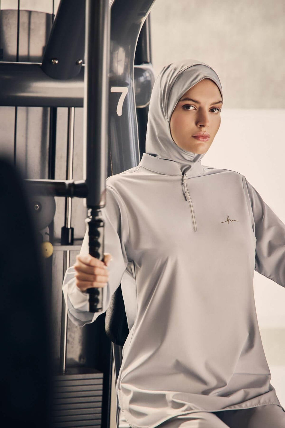 Hasema Active Long-Sleeved, Zip-Collar Grey Hijab Training T-Shirt Act-9
