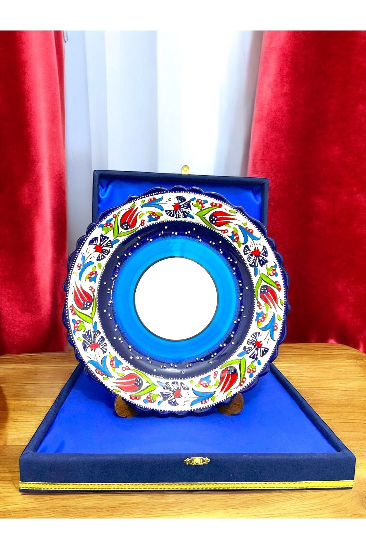 STORESZA Personalized Special Velvet Gift Box 30cm Handmade Resimli Kutahya Tile Plate - Blue - MALLTURK