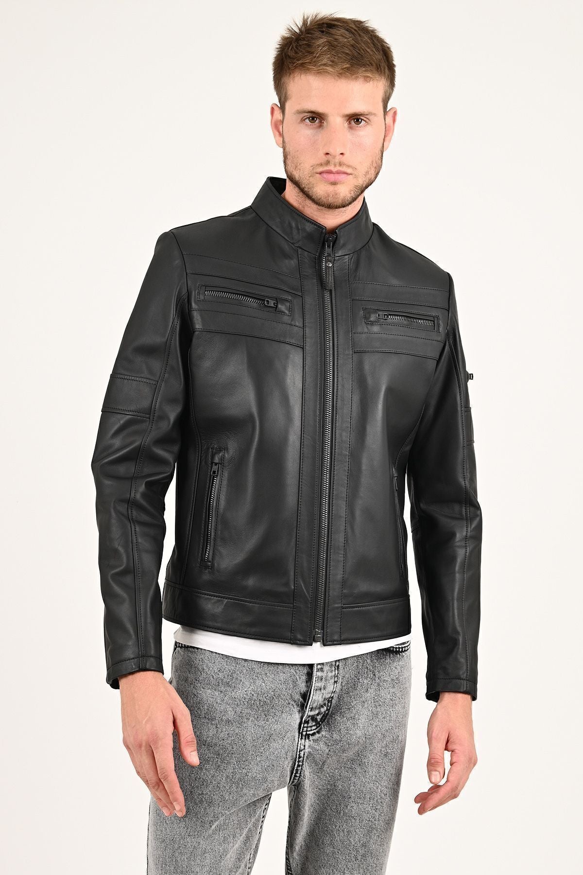 ALIN Beckham Men's Genuine Leather Stand Collar Leather Jacket Black - MALLTURK