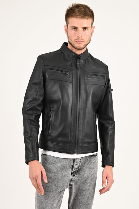 ALIN Beckham Men's Genuine Leather Stand Collar Leather Jacket Black - MALLTURK