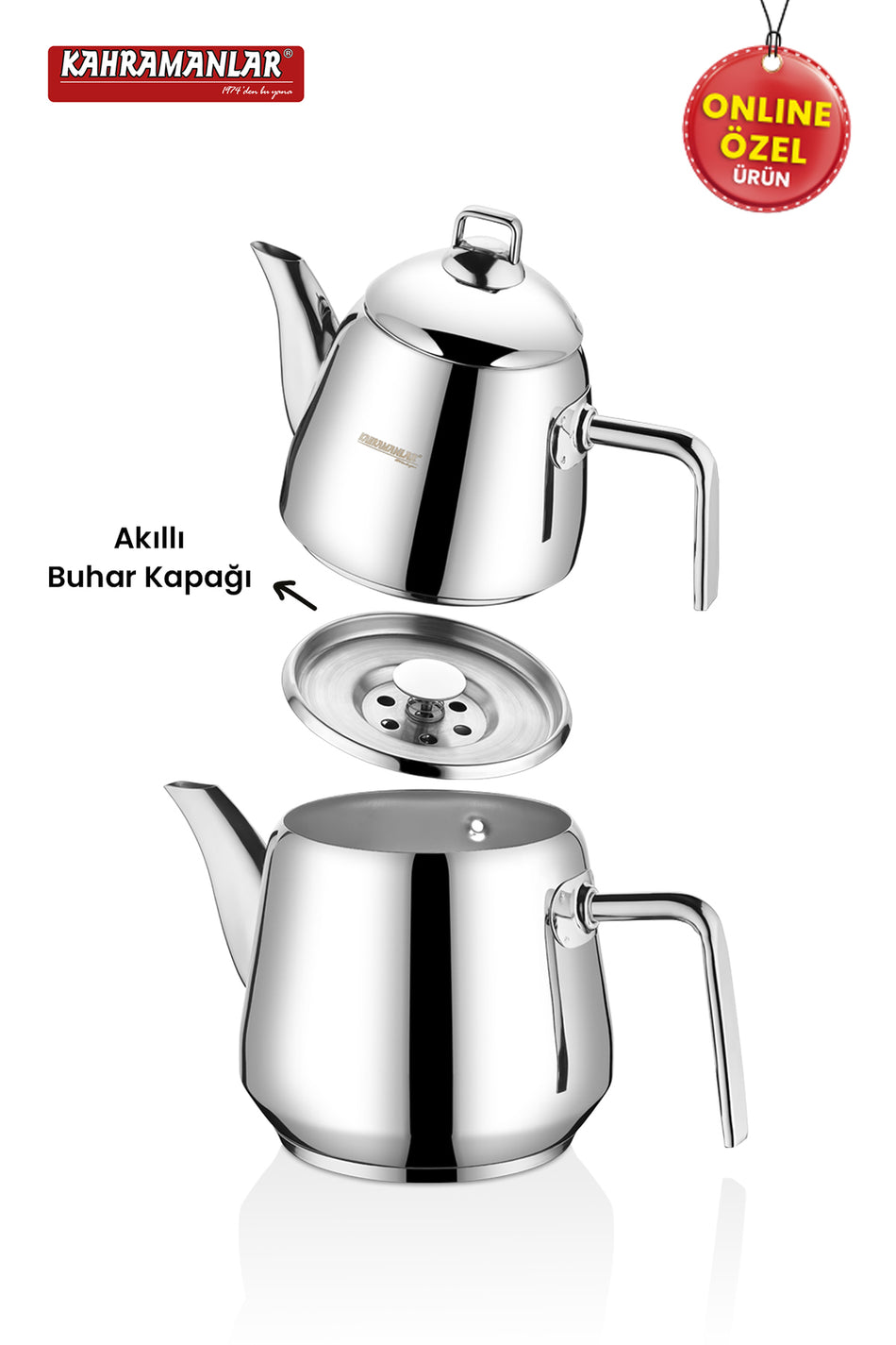 Kahramanlar Milano Medium Size Teapot Set Stainless Steel with Steam Lid Platinum