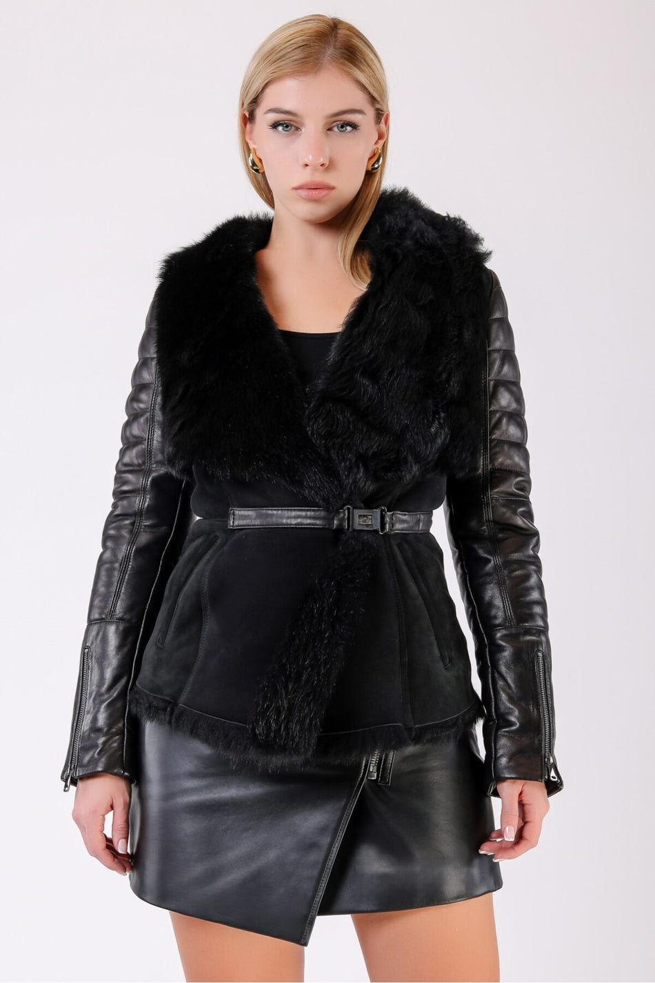 Leather Club Black Leather Trimmed Fur Coat