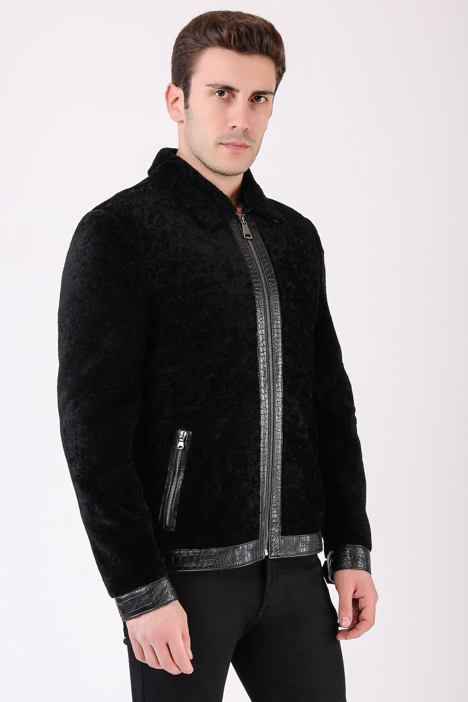 Leather Club zwarte jas van echt leer met bontrand