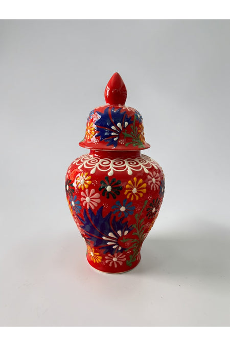 YOOS Handmade 25cm Embossed and Lace Work Red Shah Cube Ceramic Vase - MALLTURK