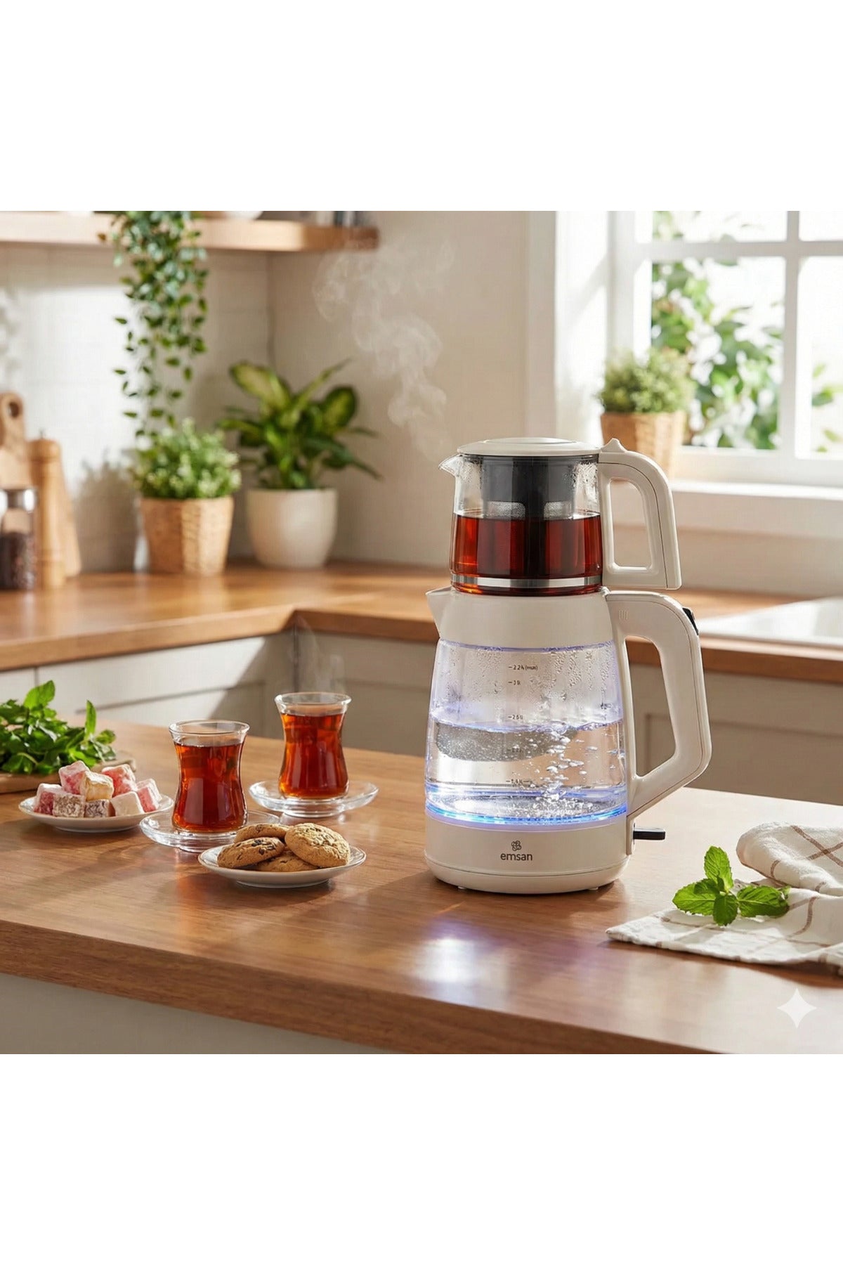 Karaca EMSAN 1900 Watt 3.1 Liter Large Capacity 2-in-1 Glass Tea Maker and Kettle with Keep Warm Function - MALLTURK