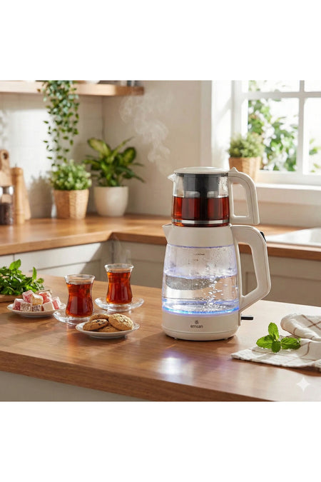 Karaca EMSAN 1900 Watt 3.1 Liter Large Capacity 2-in-1 Glass Tea Maker and Kettle with Keep Warm Function - MALLTURK