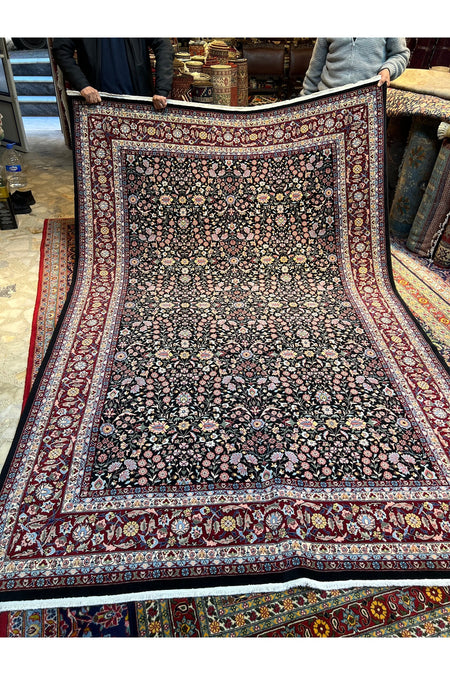 RD RAMAZAN DAG Hand Rug Art Hand-Woven Hereke Rug Signed Seven Mountains Flower Premium Quality Black Color Size 296x200 - MALLTURK