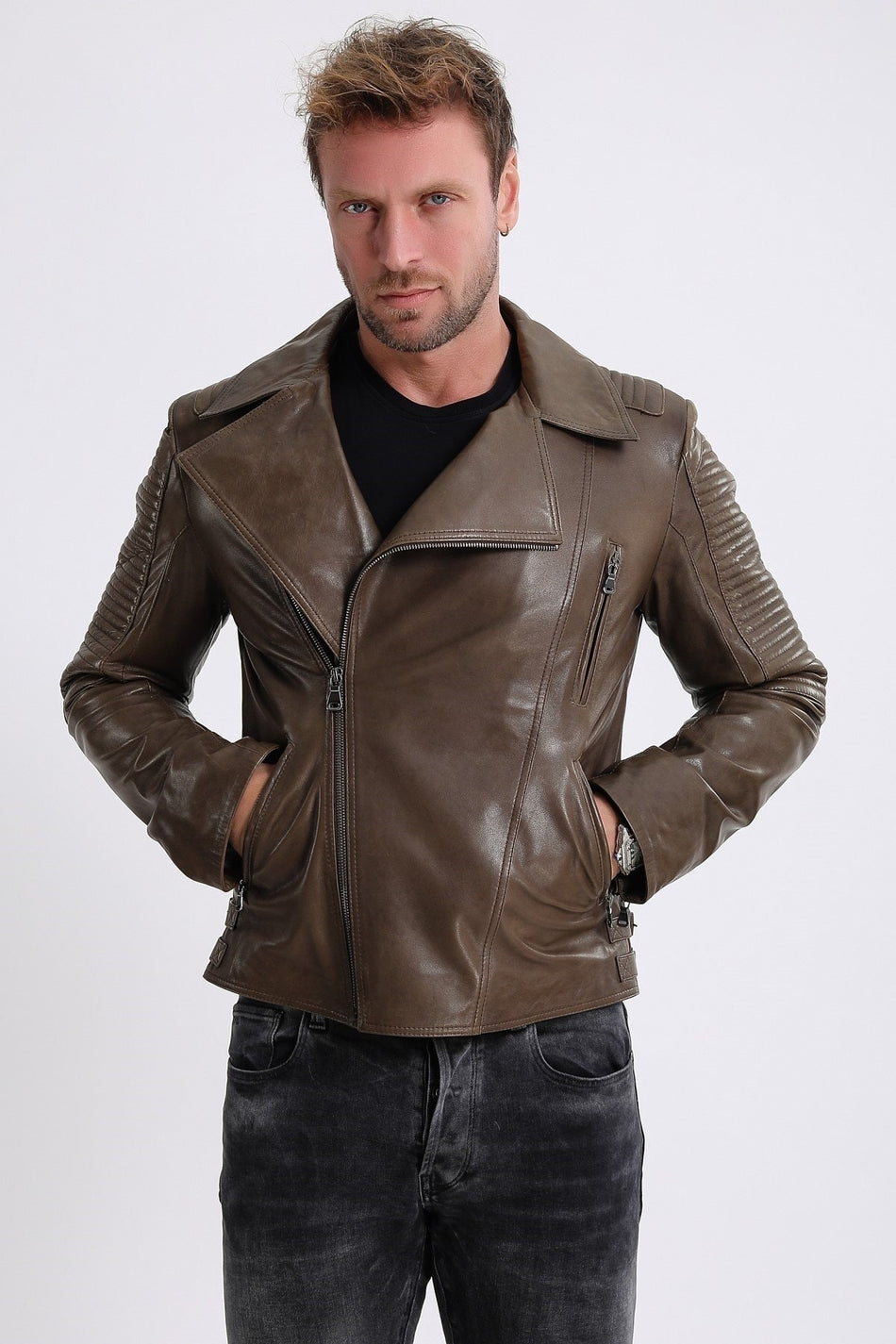 Giacca da biker in pelle color kaki Leather Club