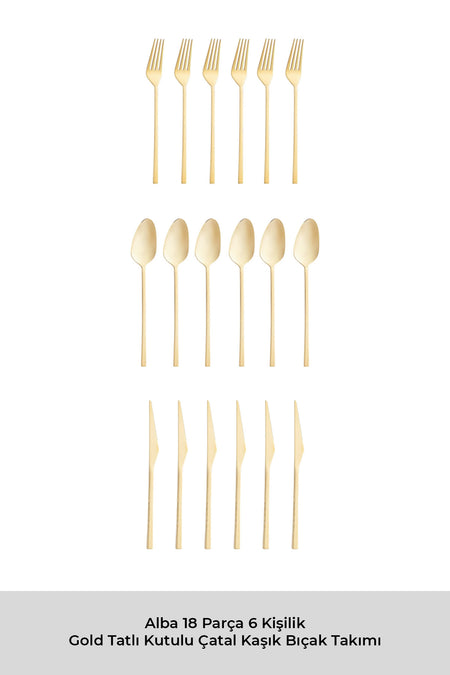 Emsan alba 18 Piece 6 Place Setting parlak gold tatli Boxed Flatware Set - MALLTURK