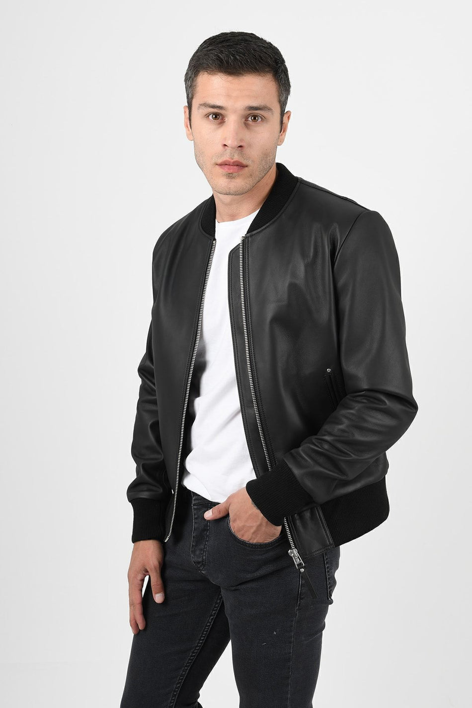ALIN College Men's Genuine Leather Varsity Jacket Black