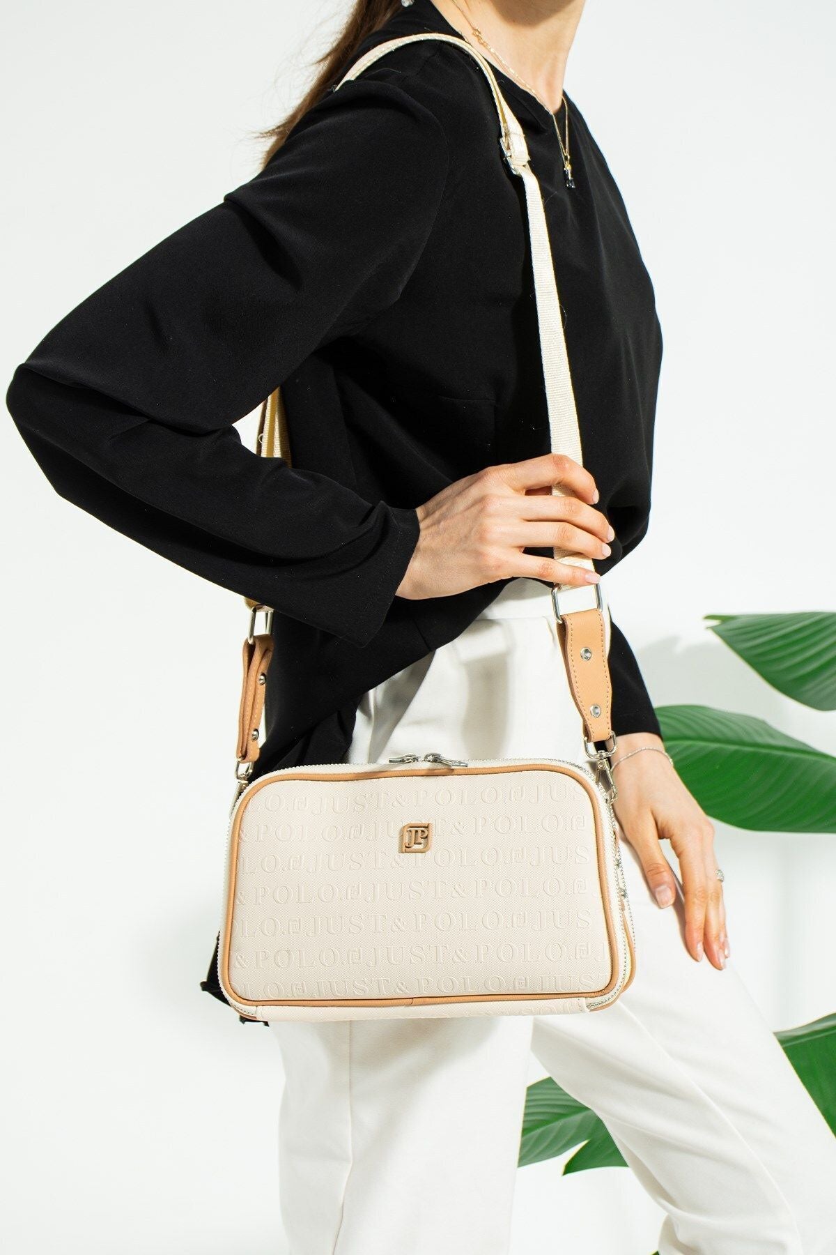 Just Polo Women's 3D Just & Polo Patterned Vegan Shoulder and Handbag 4023 Beige - MALLTURK