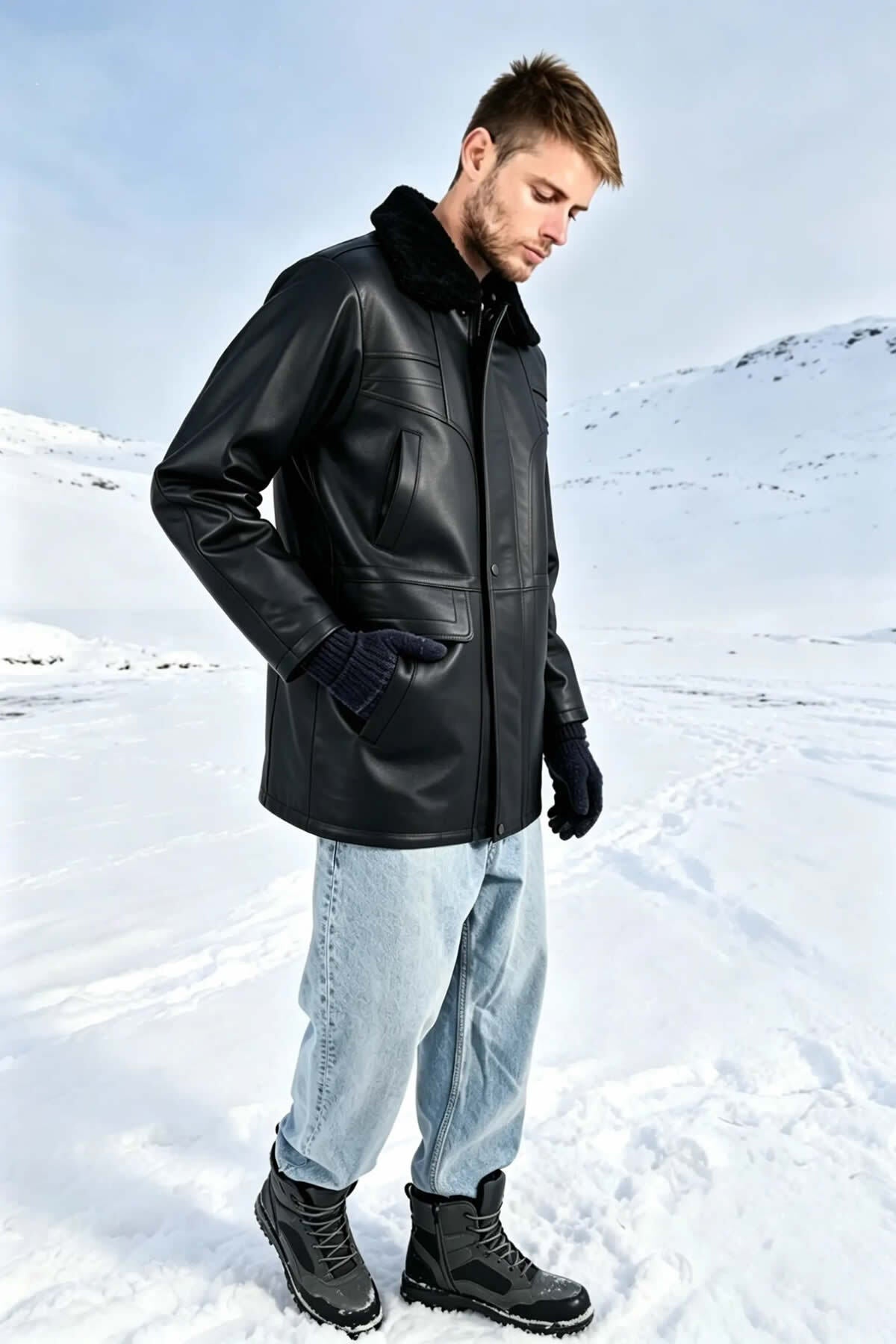 ALIN Tarkan Men's Genuine Leather Fur Collar Leather Coat Black - MALLTURK