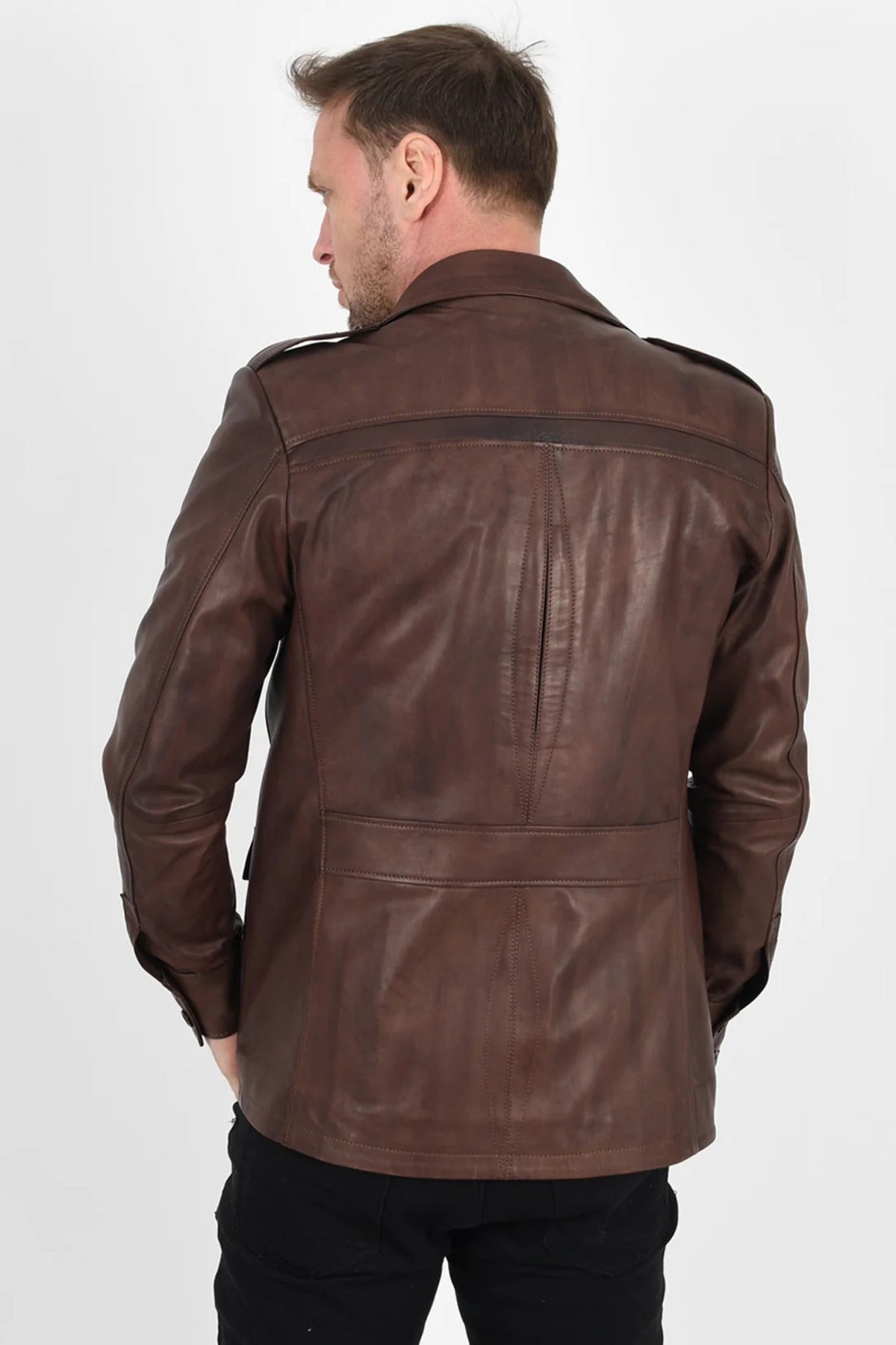 ALIN Harrison Men's Genuine Leather Safari Leather Jacket Brown - MALLTURK