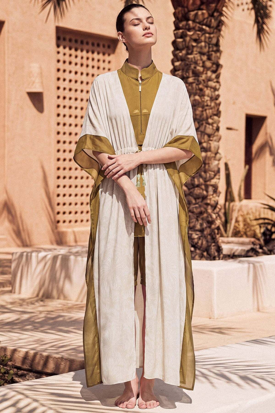 Cream Color Long Pareo with Detailed Palm Tree Pattern and Swimsuit Tie 1016