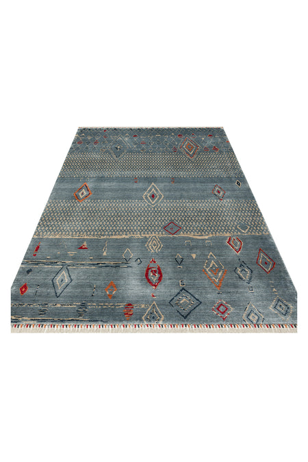 Vog Hali Efsun Handmade Blue Ethnic Patterned Lyocell Special Loom Usak Design Fringed Living Room Carpet - MALLTURK